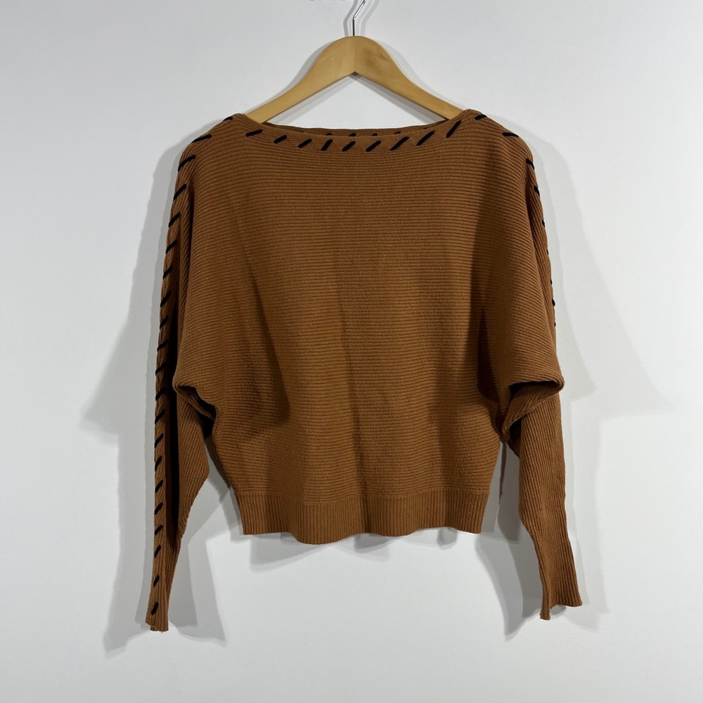 Magaschoni Old Money Preppy Camel Brown Ribbed Batwing Sweater Womens Small 90s